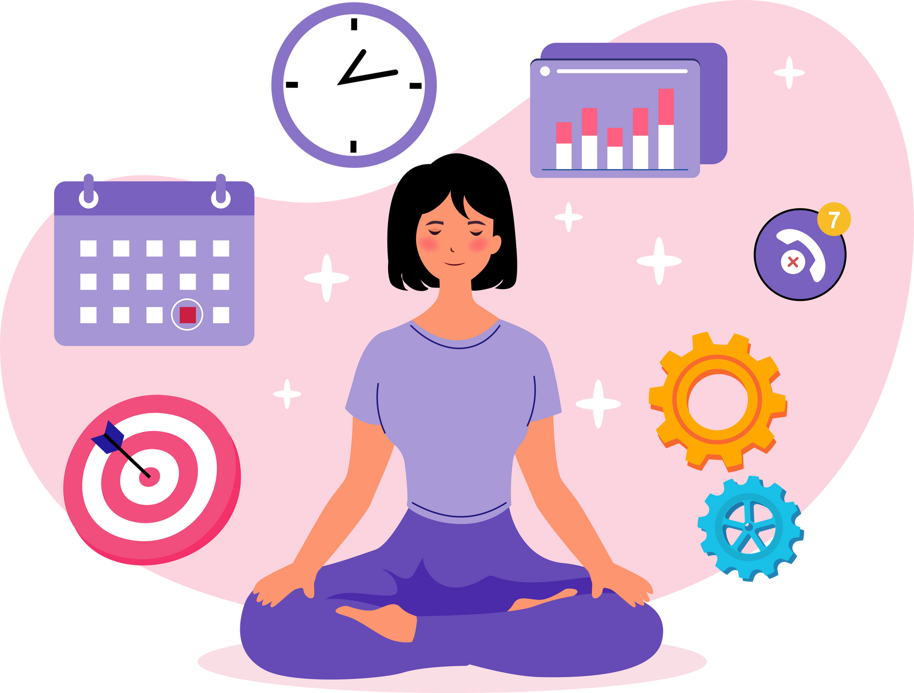 Business women practicing stress relief lotus pose, mindfulness meditation, Multitasking, time management and productivity concept.